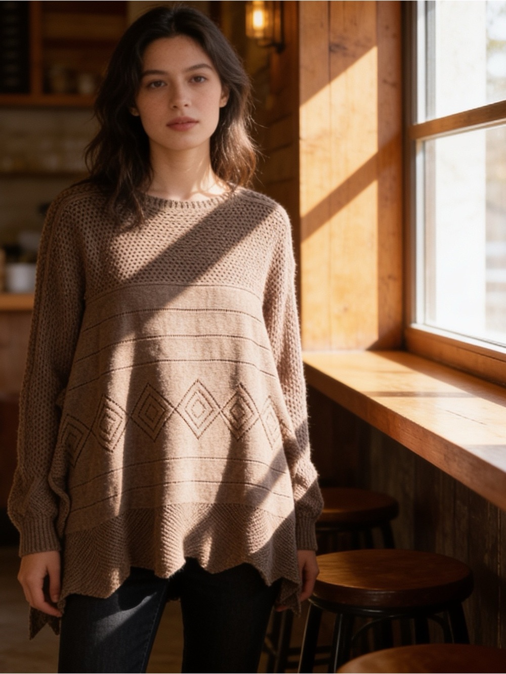 Love Stitch Brown Open-Front Knit Poncho Cardigan